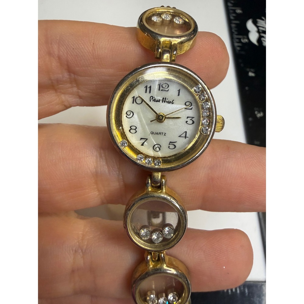 Pierre Nicol SQ-285 Gold Tone Floating Rhinestone Watch Mother of Pearl Dial